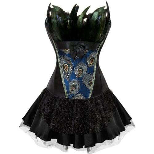 Embroidery Burlesque Overbust Corset Sexy Peacock Princess Dancer Dress Lingerie Showgirl Top with Skirt Plus Size S-6XL