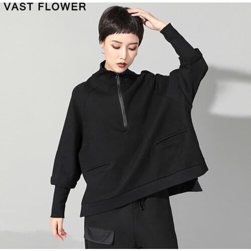 Women Black Zipper Tshirt Long Sleeve Stand Collar Pockets Loose Casual T-Shirt Femme Tops Clothes Fashion 2021 Spring Autumn