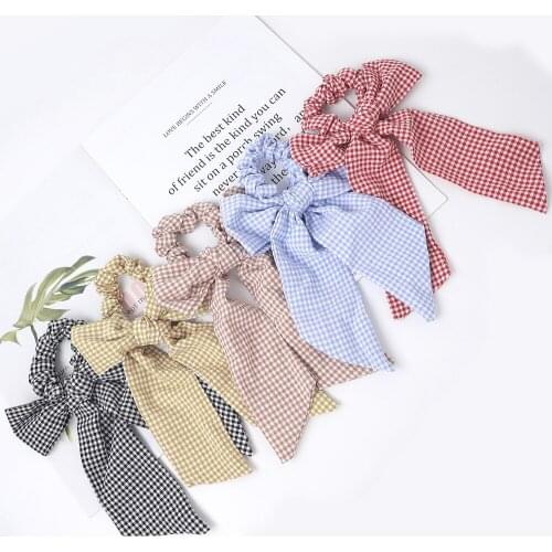 New Fashion Women Over Size Hair Rubber Bands With Ribbons Plaid Korea Style VSCO Girls Hair Band Bow Knot Hair Ties