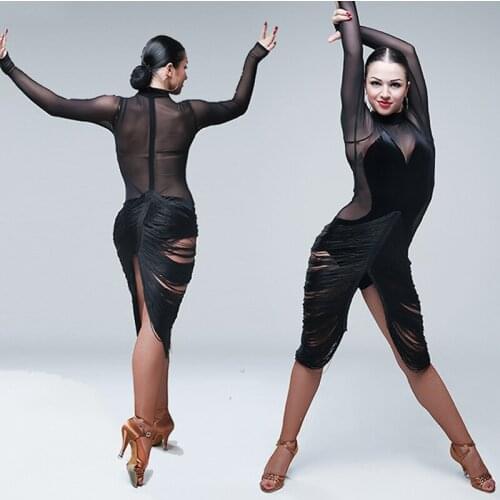 Hot Latin Dance Dress For Women Sexy Gauze Perspective Long Sleeve Dress Standard Ballroom Flamengo Black Latin Dress VDB378