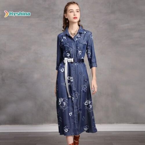 Womens Dress New Tencel Print Temperament Long Skirt Retro Mid Sleeve Denim Dress