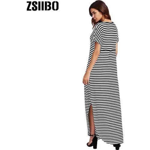 ZSIIBO 2021 Summer AliExpress V-neck striped dress split hem beach long plus size casual dress female