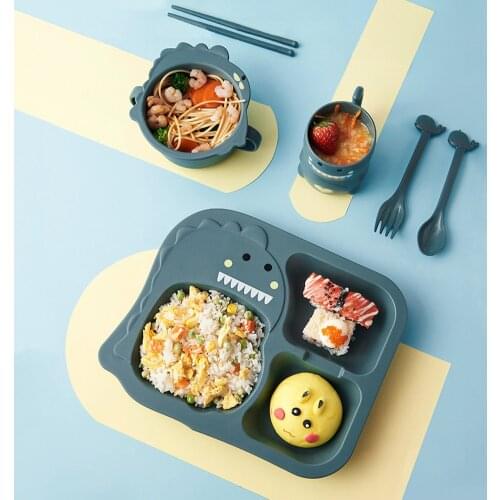 6Pcs/ Set Baby Cartoon Dinosaur Tableware Childrens Dinnerware Set Home Anti-hot Wheat Straw Training Plate Kids Feeding Dishes