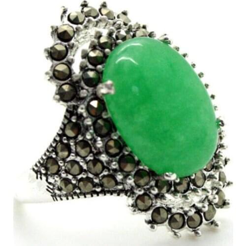 Free shipping nice gift 17*29mm VINTAGE GREEN Natural jade MARCASITE 925 STERLING SILVER RING SIZE 7/8/9/10