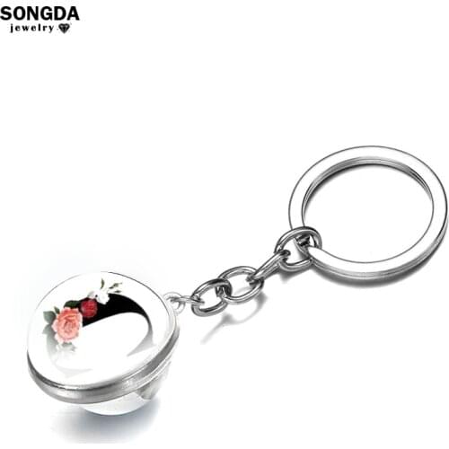 New 26 English Letters Keychains Double-sided Patterned Petals Glass Bead Key Ring Key Holder Bag Pendant for Men Women Gifts