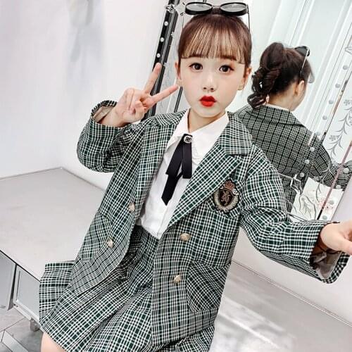 Brand Girls Clothes 2021 Autumn New Suits Sets Green Plaid Coats Skirt 2Pcs Sets Big Girls Clothing Kids Fashion Girls Costumes