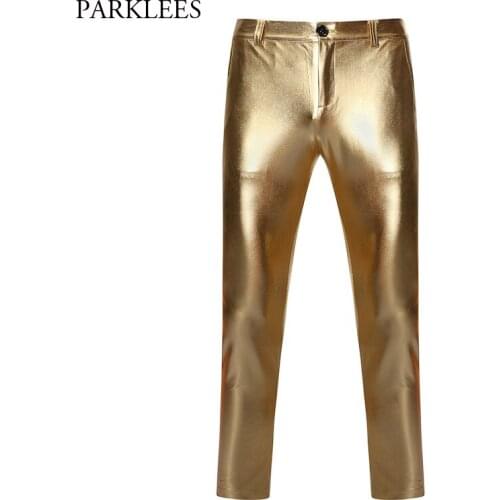 Gold Shiny Metallic Pants Men 2019 Fashion Bronzing Hip Hop Streetwear Trousers Men Casual Motorcycle PU Leather Jogger Pants