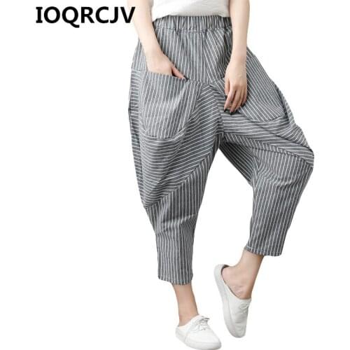 2019 Summer Womens Cotton Linen Pants Loose Stripe Female Trousers Elastic High Waist Large Size Femme Casual Harem Pants R504