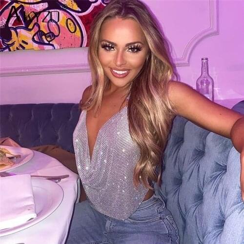 Sexy Crystal Body Chain Long Choker Necklaces Crop Top Rhinestone Sequin Metallic Mesh Nightclub Sparkly Halter Tank Top