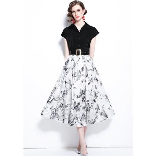 Elegant Women 2 Piece Sets Black Single-Breasted Shirt Top + A Line Ink And Wash Print Skirt Suit Office Ladies Female Outfits