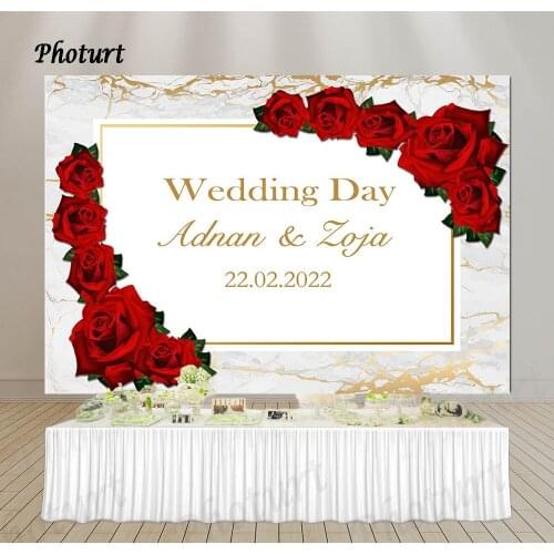 PHOTURT Custom Marble Red Rose Photography Backdrops Adult Birthday Party Photo Background White Banner Vinyl Photo Booth Props