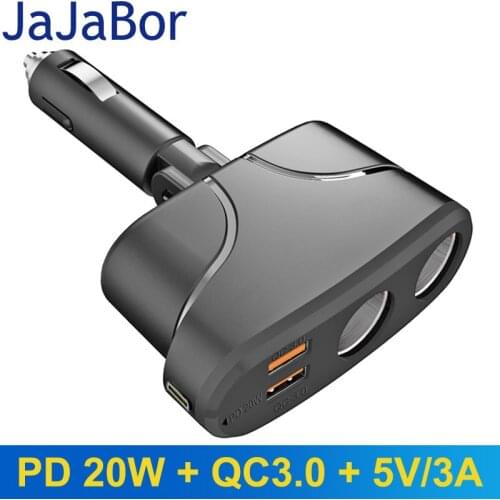 JaJaBor Car Cigarette Lighter Socket Double USB QC3.0 Type C PD20W Fast Charging Car Charger Power Adapter for Phone Charging