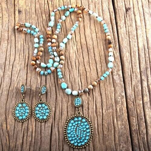 MD Fashion Boho Jewelry Set Semi Precious Stone & Glass Knotted Pave Crystal Pendant Necklace Earring Set Women Gift Dropship