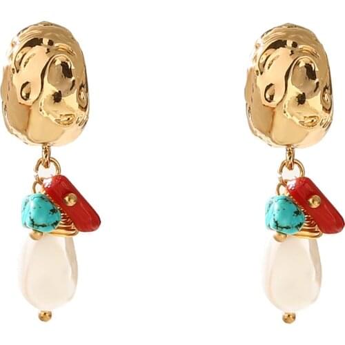 Fashion Design Irregular Metal Pearl Drop Earrings 2020 Red Coral Stone Handmade Geometric Earrings For Women