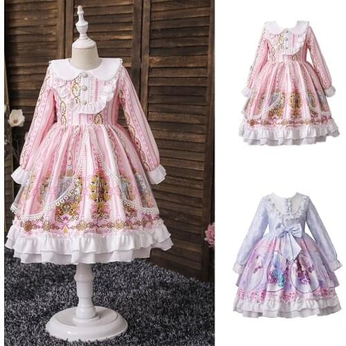 2021 New Pretty Lolita Princess Dresses for Girls Long Sleeve Printing Lace Dress Childrens Birthday Party Lovely Costume 3-10T