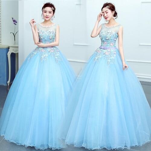 New sky blue sweat lace lady girl women princess prom banquet party ball performance dress gown free shipping