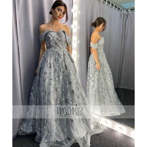 Stunning Dubai Designer Blue Prom Party Gowns One Off Shoulder Flower Lace Embriodered Evening Reception Dress For Bride Party