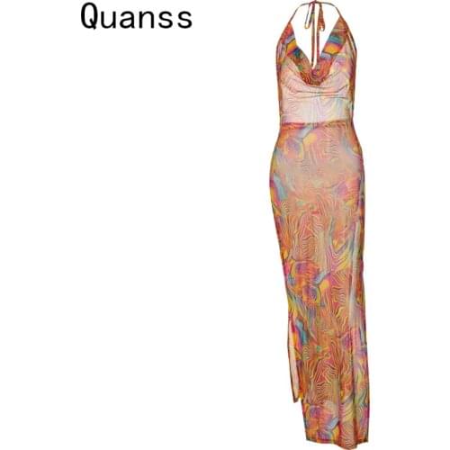 Quanss 2021 Summer Sleeveless Halter Mesh Print High Split Sexy Women Maxi Dress Night Club Party Outfit Y2k Long Dresses