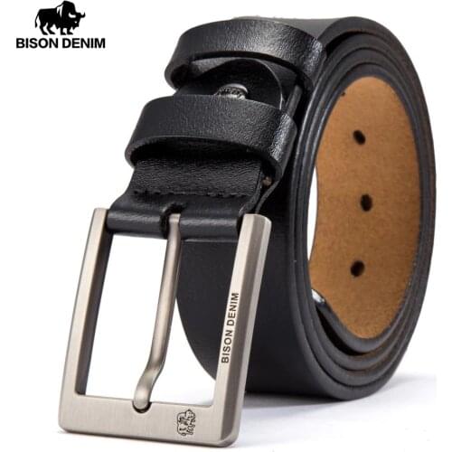 BISON DENIM Cowskin Belt Men Accessories Cowboy Genuine Leather Belts For Men Vintage Pin Buckle Mens Belts Gift For Man N71015