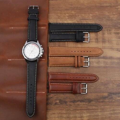 22mm Retro Genuine Leather Watch Band High Quality Handmade Wristband Black Watch Strap Replacement Stainless Steel Buckle