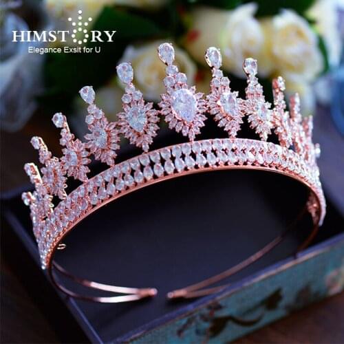 Luxurious Royal Queen Rose Gold Cubic Zircon Tiaras Crowns Elegance Brides Hairbands Full CZ Wedding Hair Accessories