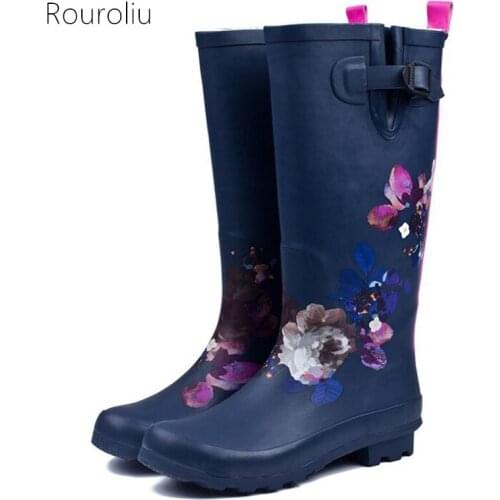 Rouroliu Women Fashion Navy Blue Floral Buckle Rainboots Waterproof Water Shoes Comfortable Non-Slip Tall Rain Boots Woman RB73
