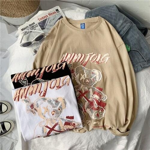 Long Sleeve 100% Cotton T Shirt Summer Men Half Sleeve Bear T-shirt Casual Kawaii Funny Japan Harajuku Tshirt Streetwear Males