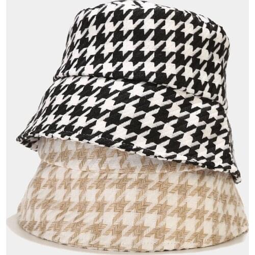 Ins Houndstooth Coarse Pattern Fisherman Hat Female Thick Warm Bucket Hat Women Autumn Winter Casual Basin Hat
