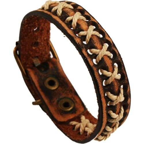 P01423Vintage Gypsy Hippie Punk Brown Genuine Real Cow Leather Beige Rope Wrap X Letter Charm Unisex 6 Size Wide Bracelet Bangle