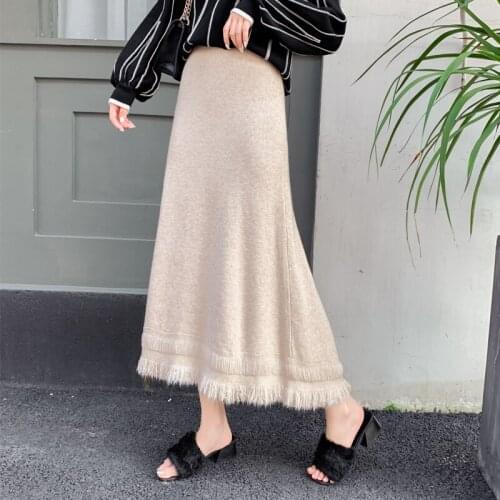 Tassel Knitted Large Swing Skirt Womens Autumn Winter 2021 New Ladies High Waist A-Line Skirt Thickened Casual Long Skirt
