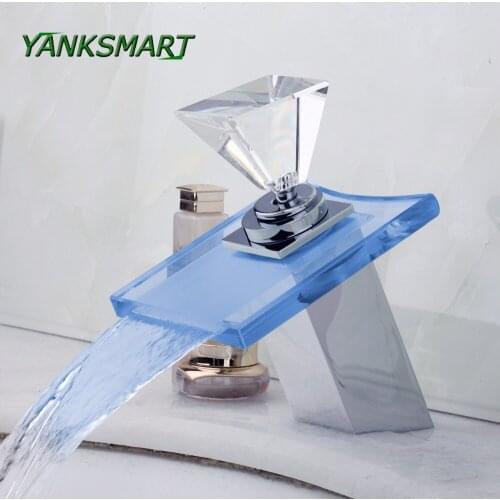 YANKSMART Bathroom LED Basin Sink Faucet Waterfall Glass Brass Faucet Tap Chrome Faucets Mixers Taps Diamond shape Handle