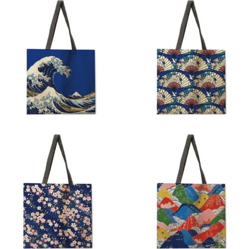 Japanese style ukiyoe print handbags ladies linen bags ladies shoulder bags outdoor leisure handbags foldable shopping bags