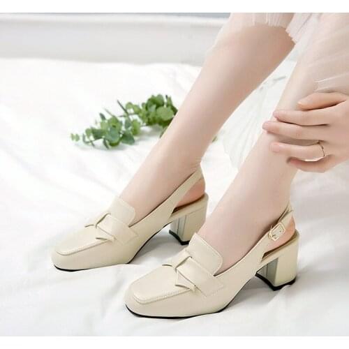 YQBTDL Summer Daily Work Leisure Slingback Women Pumps Beige White Square Toe Bowtie Block High Heels Ladies Shoes Large Size 43