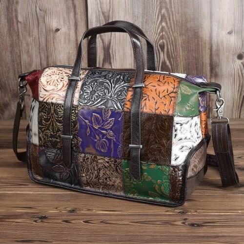 Beautiful Patchwork Genuine Leather Handbag Short Trip Womens Travel Bag