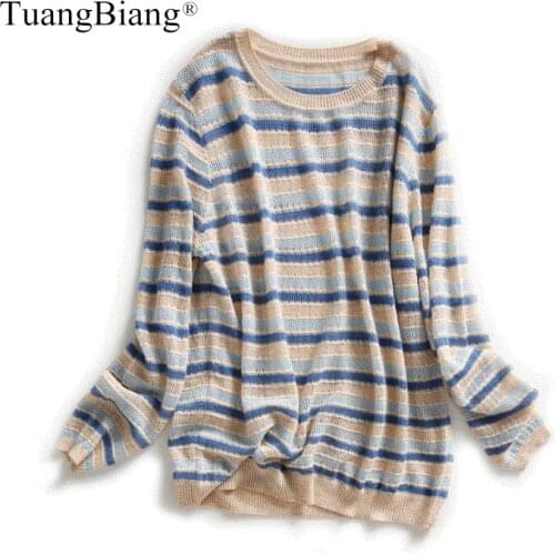 Blue Orange Striped Women 2020 Autumn Winter Pullover Long Sleeve O-Neck Fashion Contrast Sweater Femme Soft Loose Cotton Jumper