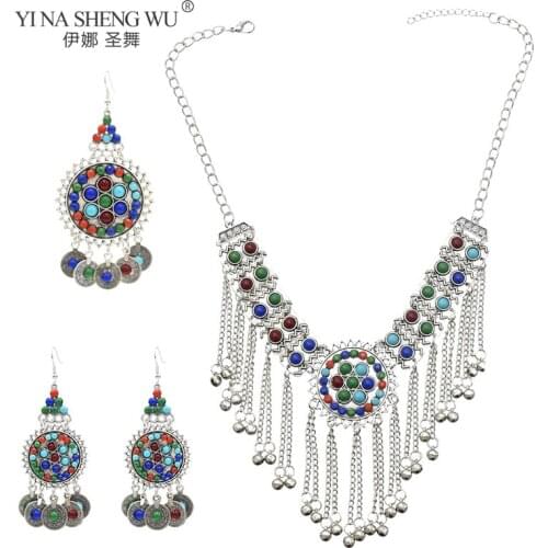 Belly Dance Silver Color Coin Tassel Statement Necklace & Earring Sets for Women Turkish Gypsy Rhinestone Necklace Party Jewelry