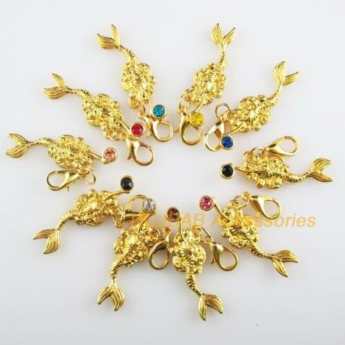 10Pcs Gold Color Mermaid Retro Mixed Round Crystal 10.5x32mm With Lobster Claw Clasps Charms