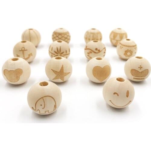 18mm Round Natural Wood Loose Beads Handmade 20pcs Smiling Face Heart Star Big Size Wooden Beads for Bracelet DIY Jewelry Making