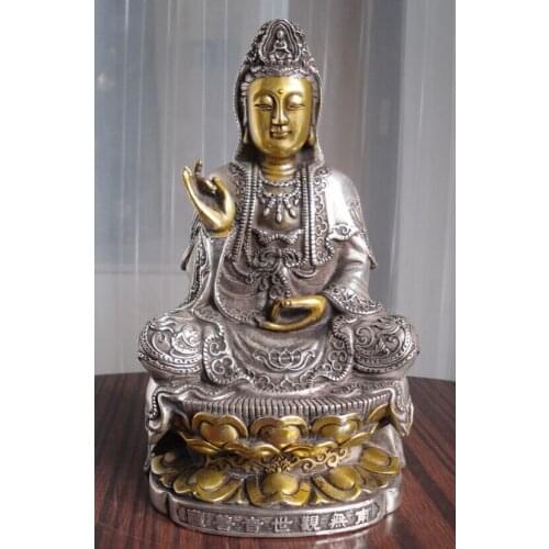 Bi001635 8" tall Tibetan Buddhist bronze cated silver Kwan Kuan Guan Yin Buddha statue