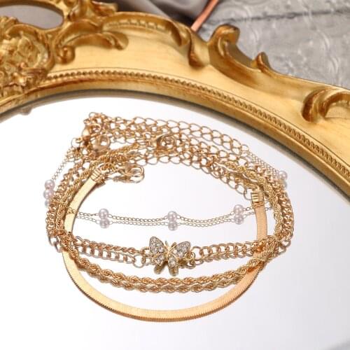 Boho Style Butterfly Pearl Anklet Fashion Multilayer Foot Chain Fashion Handcuff Ankle Bracelet For Women Beach Accessories Gift