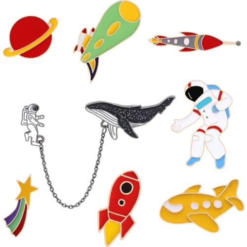 Space Astronaut Plane Brooch Cartoon Airplane Rocket Alien Whale Enamel Pins Men Denim Jackets Lapel Pin Fashion Badges Jewelry