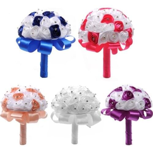 Artificial Silk Flowers Beautiful White Crystal Roses Pearl Purple Royal Blue Wedding Decoration