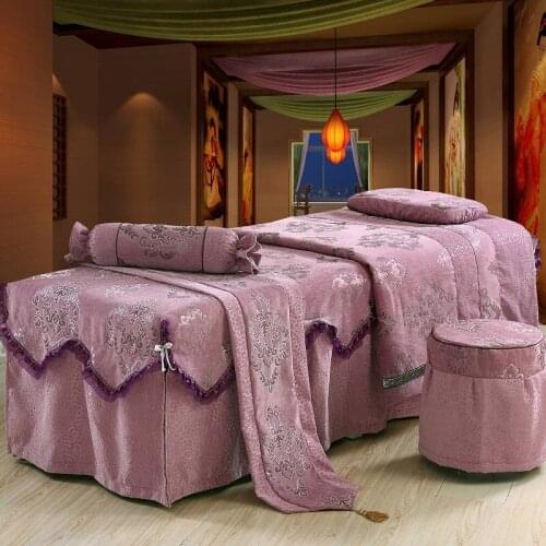 4/5/6/7pcs One Set Chenille Beauty Salon Bedspread Embroidery Ruffles Bed Skirt Duvet Cover for Beauty Parlor 70*190cm Purple