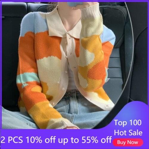 Korean style autumn women new retro long sleeved sweater coats knitted cardigan tops 6348