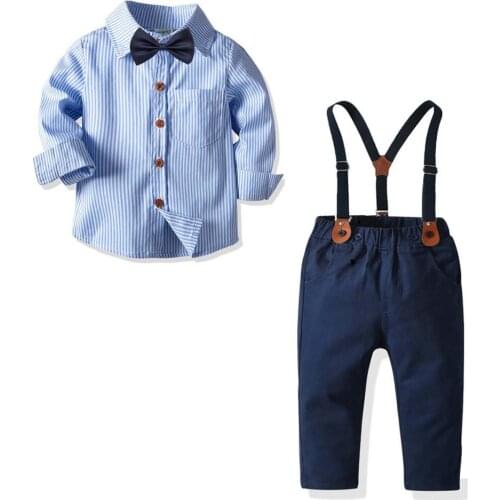 2-4-6-8 Year Boys Suit for Wedding Pure Cotton Children Clothing Kids Striped Blue Shirt and Pants Set Long Sleeve Gentleman Set