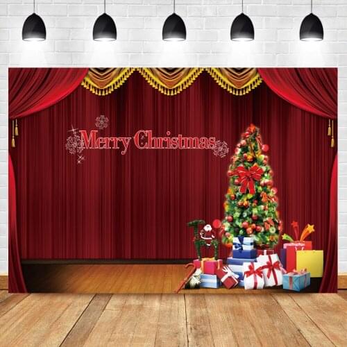 Laeacco Christmas Tree Gift Merry Christmas Red Curtain Stage Backdrop For Photography Family Shoot Party Photo Background Photo