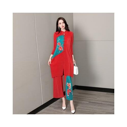 HOT SELLING Miyake Fashion fold Chinese style three quarter Buckle dress + Wide-leg cropped trousers print suit IN STOCK