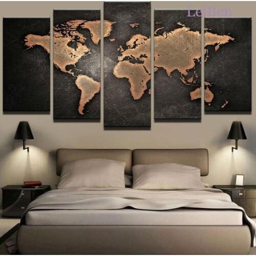 Five-Piece Modular Picture Retro World Map Art Poster Home Decoration Living Room Background Board Canvas Painting Frameless