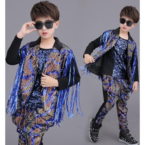 2021 New Kids Hip Hop Clothing For Boys Jazz Drum Performance Sequin Fringe Jacket Suit Tops Pants Shiny Stage Costume DNV14455