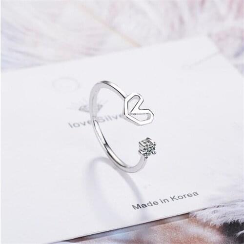 New Arrival Women Fashion Love 925 Sterling Silver Jewelry Hollow Heart Shaped Simple Crystal Sweet Opening Rings SR398